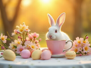 A charming outdoor Easter brunch scene with a white rabbit