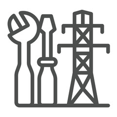 Wrench with screwdriver and high voltage pole line icon, electrical service concept. Vector graphics. Electrical repair tools sign on white background, outline style icon for mobile or web design.