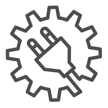 recommend clip art: Cogwheel with fork plug and cord line icon, electrical service concept. Vector graphics. Electric fork on gear, repair sign on white background, outline style icon for mobile or web design.