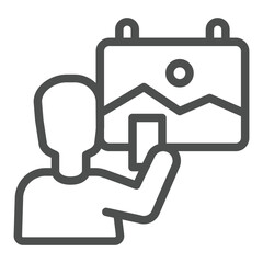 Visitor man with smartphone and painting line icon, exhibition concept. Vector graphics. Person with camera, visitor sign on white background, outline style icon for mobile or web design.