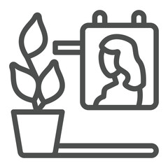 Flower pot with picture of girl line icon, exhibition concept. Vector graphics. Woman wall portrait and flowerpot, interior sign on white background, outline style icon for mobile or web design.