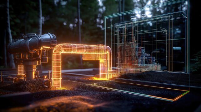 AI-powered geothermal energy plant, real-time holographic tracking of underground heat extraction, efficiency monitoring, and sustainability data