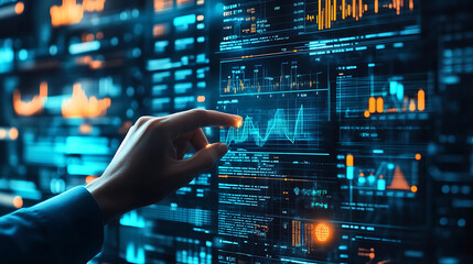 An AI powered system enhancing data analytics by analyzing real time business performance metrics and trends, futuristic AI-driven business intelligence platform, Data technology style