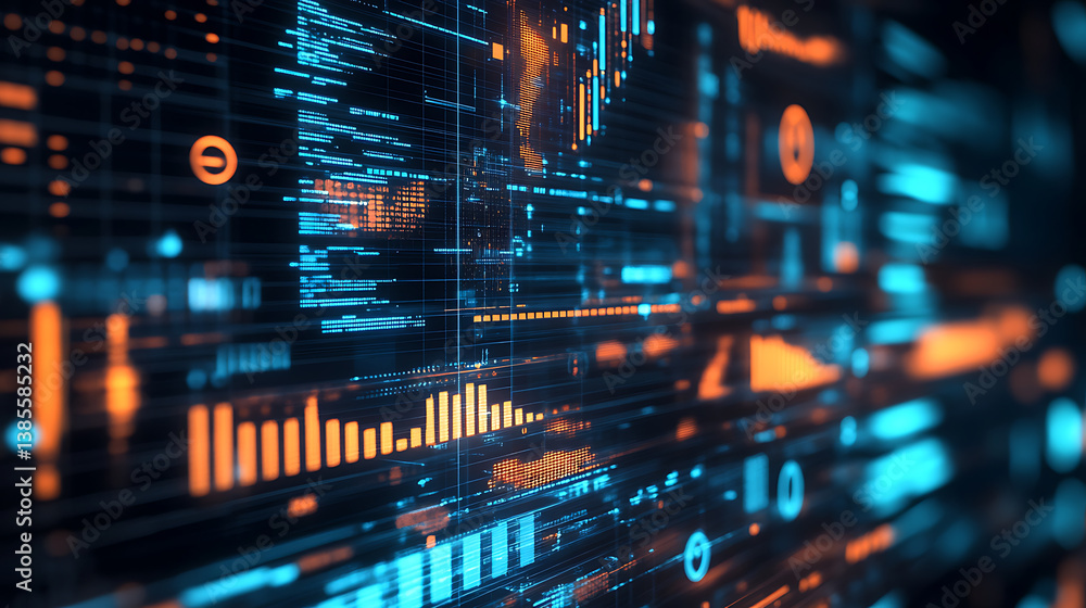 Poster An AI powered system enhancing data analytics by analyzing real time business performance metrics and trends, futuristic AI-driven business intelligence platform, Data technology style