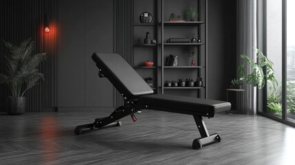Modern Fitness Bench in Interior: An adjustable weight bench sits center stage in a sleek, contemporary workout space.
