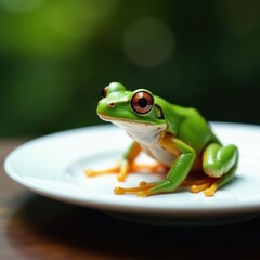 Naklejka premium Frog perched on a white plate, looking around, white plate, green