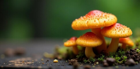 Obraz premium Close-up of vibrant cordyceps militaris mushrooms on a wooden surface, cordyceps militaris, top view, surface