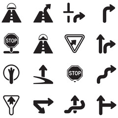 Silhouette Vector Black car road icons set. Highway symbols. Road signs. with white background