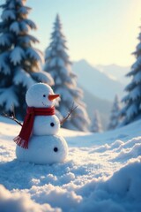 Obraz premium Frosty landscape with snowman in serene winter scene, snowman, winter scenery, polar bear
