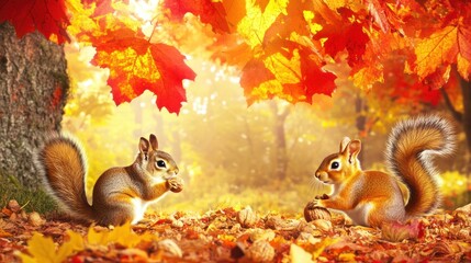 Autumn Forest, Squirrels Sharing Nuts