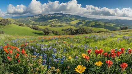 A panoramic view of a spring meadow, dotted with colorful wildflowers, under a wide open sky. The lush green grass and open space create ideal room for copy.