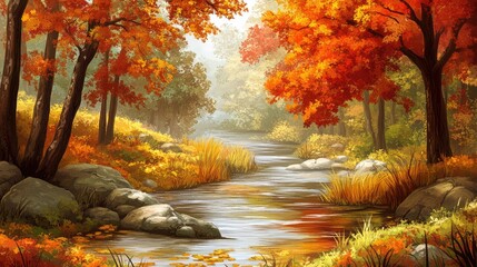 A peaceful river winding through a forest of colorful autumn trees. The warm tones of fall leaves and calm water create ideal copy space.