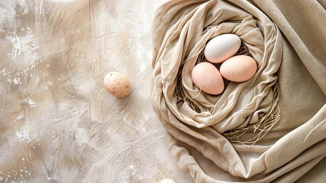 Soft beige fabric nest with natural eggs creates serene still life, evoking spring warmth through gentle textures and earthy tones, perfect for calming atmosphere.