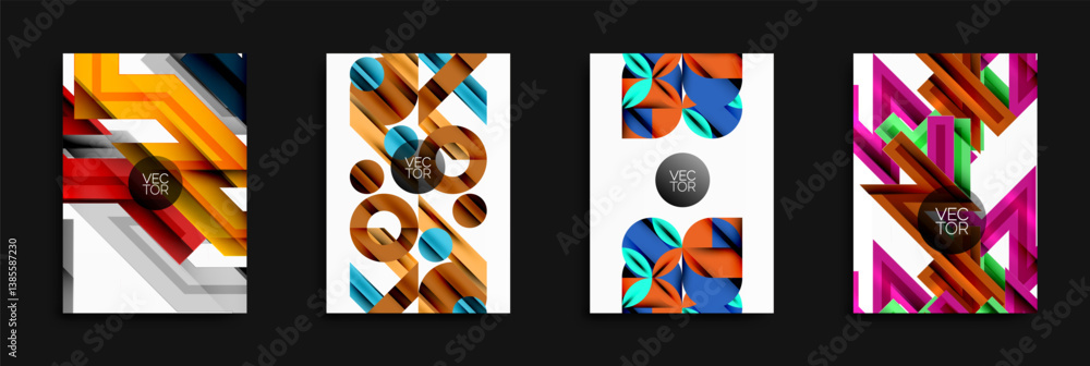 Poster Four abstract vector designs. Geometric shapes overlap, creating dynamic compositions. Bright colors dominate, with gradients and shadows adding depth. Modern aesthetic, suitable for backgrounds or fl