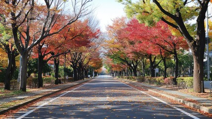 A quiet autumn road lined with colorful trees, with fallen leaves covering the asphalt. The open road and clear sky create perfect space for copy.