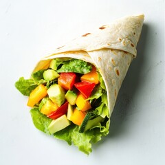 A colorful vegetable wrap with avocado, lettuce, and bell peppers. Featuring freshness and flavor
