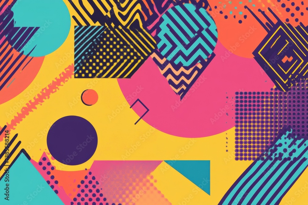 Poster bold geometric shapes and bright neon colors create a playful memphis-style background ideal for vib