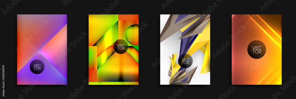 Poster four vibrant abstract backgrounds. geometric shapes, bright colors, dynamic compositions. modern des