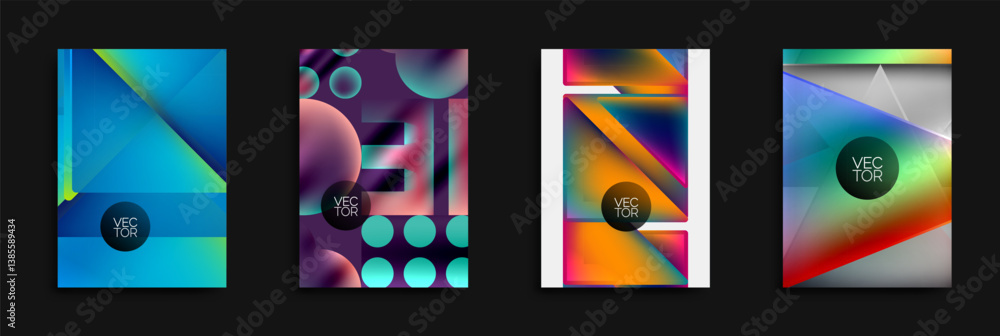 Leinwandbilder Four vibrant abstract designs. Geometric shapes blend with gradients. Each features circular vector text element. Modern, colorful compositions suitable for backgrounds or posters.
