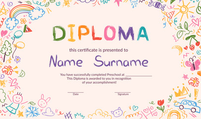 Colorful school and preschool diploma certificate for kids and children in kindergarten or primary grades with doodle elements, crayon scribbles, chalk on background. Vector cartoon flat illustration