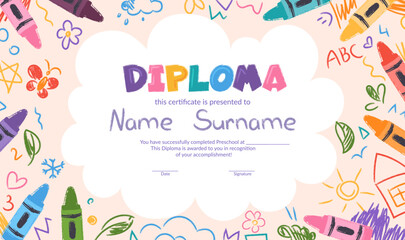 Colorful school and preschool diploma certificate for kids and children in kindergarten or primary grades with doodle elements, crayon scribbles, chalk on background. Vector cartoon flat illustration
