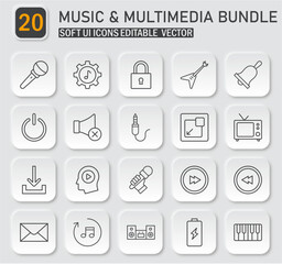 Neumorphic Music and Multimedia Interface Icon Set: Editable Vector Collection