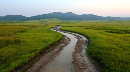Fototapeta premium Serene Landscape with Flowing Stream and Green Fields at Sunset