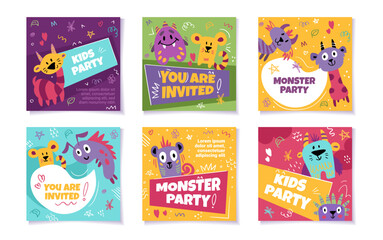 Set of birthday postcards with cute kind and funny monsters. Invitations for kids birthday. Vector templates for card, poster, flyer or banner. You are invited to monster Party