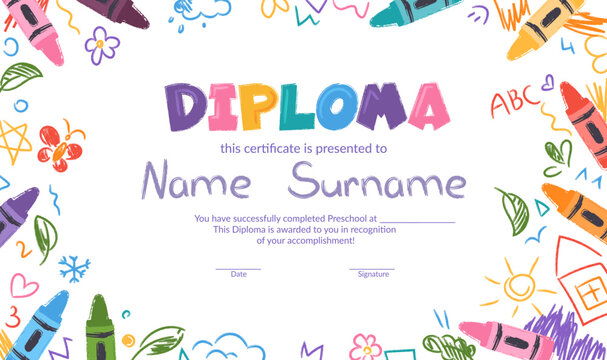 Colorful school and preschool diploma certificate for kids and children in kindergarten or primary grades with doodle elements, crayon scribbles, chalk on background. Vector cartoon flat illustration