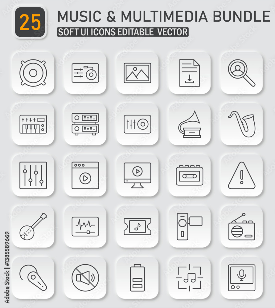 Poster soft ui music and multimedia vector icons bundle for creative projects