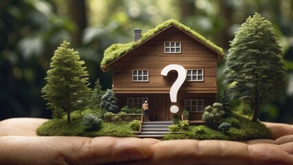 A person in a plaid shirt holds a large wooden question mark over a miniature model of a house surrounded by trees and greenery