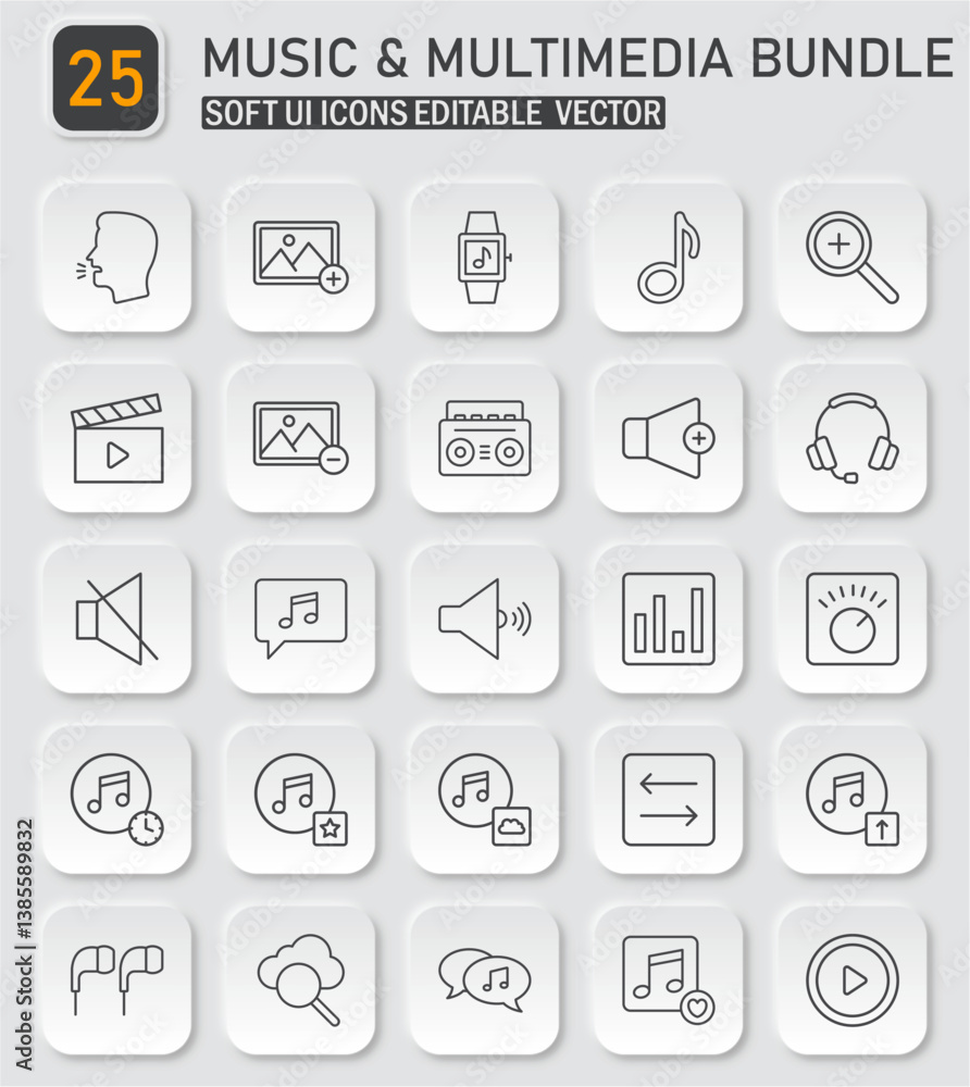 Poster music and multimedia soft ui icons collection pack for digital interfaces