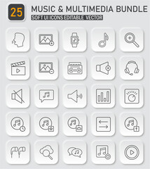 Music and multimedia soft UI icons collection pack for digital interfaces