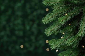 Christmas tree branches adorned with warm fairy lights create a festive atmosphere for holiday celebrations in December