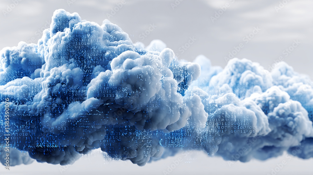 Poster a digital cloud formation with binary code overlayed on a white and light blue background image