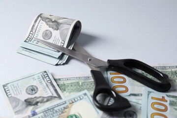 Dollar banknotes and scissors on gray background, closeup