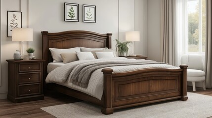 Cozy bedroom interior with king-size bed, neutral bedding, and stylish wooden nightstands. Large empty space for text.