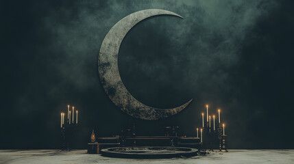 Mystical Moon Scene with Candles and Dark Atmospheric Background
