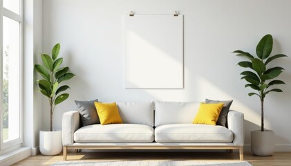 Modern living room with white wall and wooden clips hanging a poster mockup, contemporary style, living room