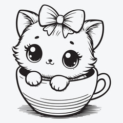 Cartoon white kitten with a bow is sitting in a Cup stock illustration