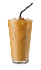 Refreshing iced coffee with milk in glass isolated on white