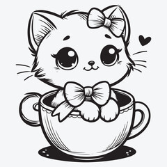 Cartoon white kitten with a bow is sitting in a Cup stock illustration