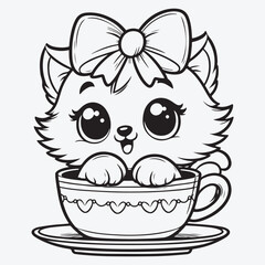 Cartoon white kitten with a bow is sitting in a Cup stock illustration