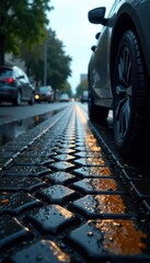 Tires with unique tread patterns on wet pavement, tire marks, wet pavement
