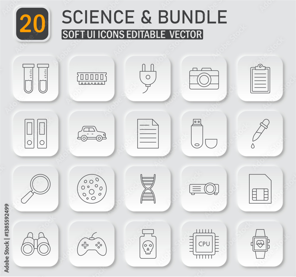 Poster extensive collection of minimalist icons for science and technology related projects