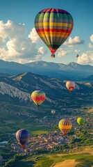 Fototapeta premium Colorful hot air balloons float above scenic mountain landscape with a village below during sunset hours
