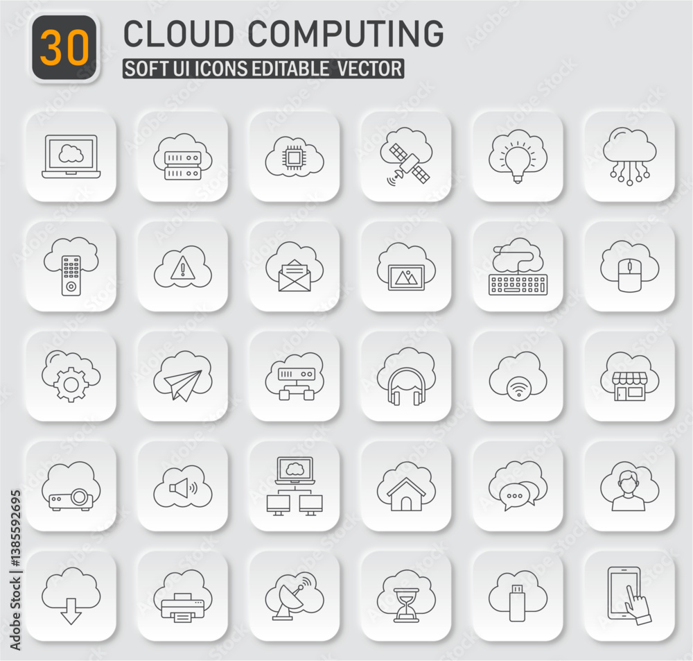 Poster set of minimalist cloud computing icons for modern digital interfaces