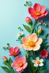 Fototapeta premium Vibrant colorful spring flowers on paper background, botanical, paper