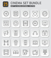 Fototapeta premium Cinema themed icon set for multimedia and entertainment projects in soft UI style