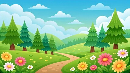 Fototapeta premium Cartoon nature landscape with pine trees dirt path and colorful wildflowers in rolling green hills under bright blue sky with clouds